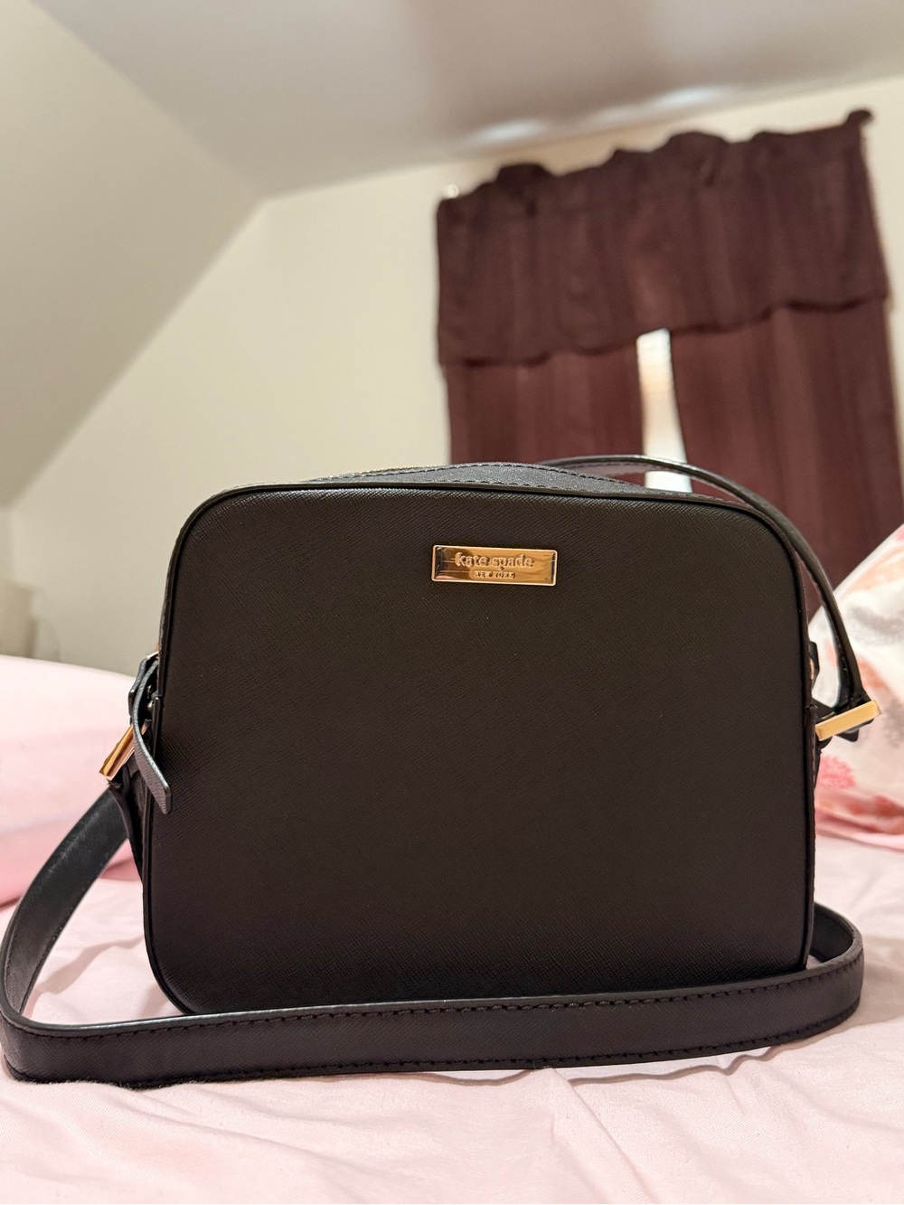 kate spade Black Saffiano Crossbody Camera Bag with Gold Plate